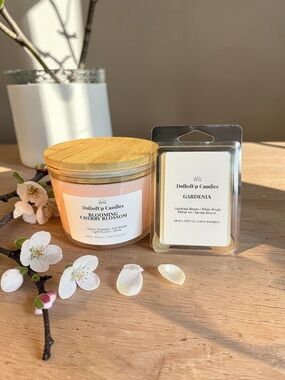 Petals & Grace Duo Floral Set- 16oz Cherry Blossom Candle + Gardenia Wax Melts